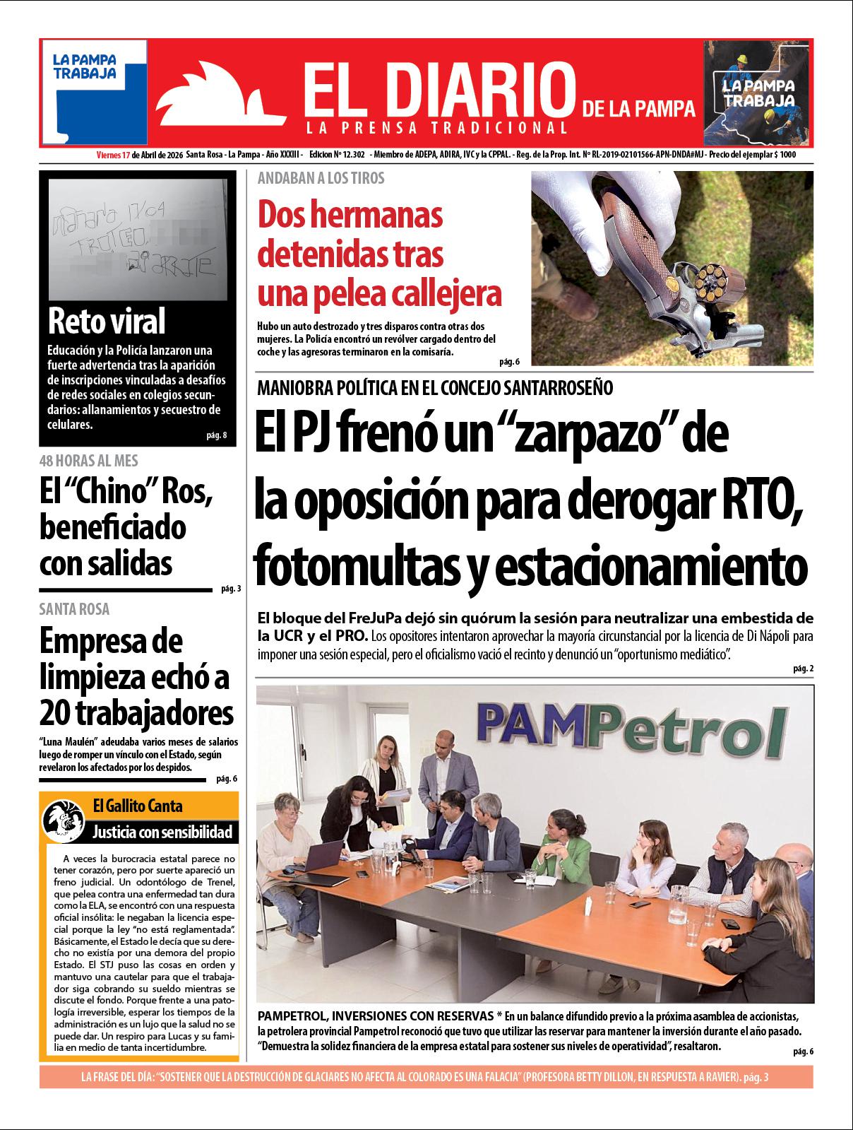 Tapa de El Diario en papel  viernes 17 de abril de 2026